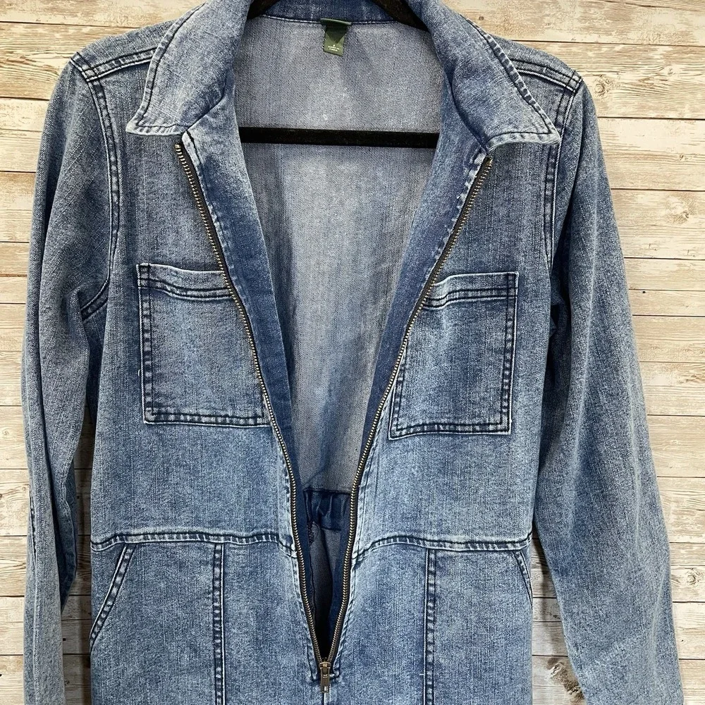 Wild Fable Womens S Jumpsuit Denim‎ Long Sleeve Medium Wash Pockets Zip Cargo